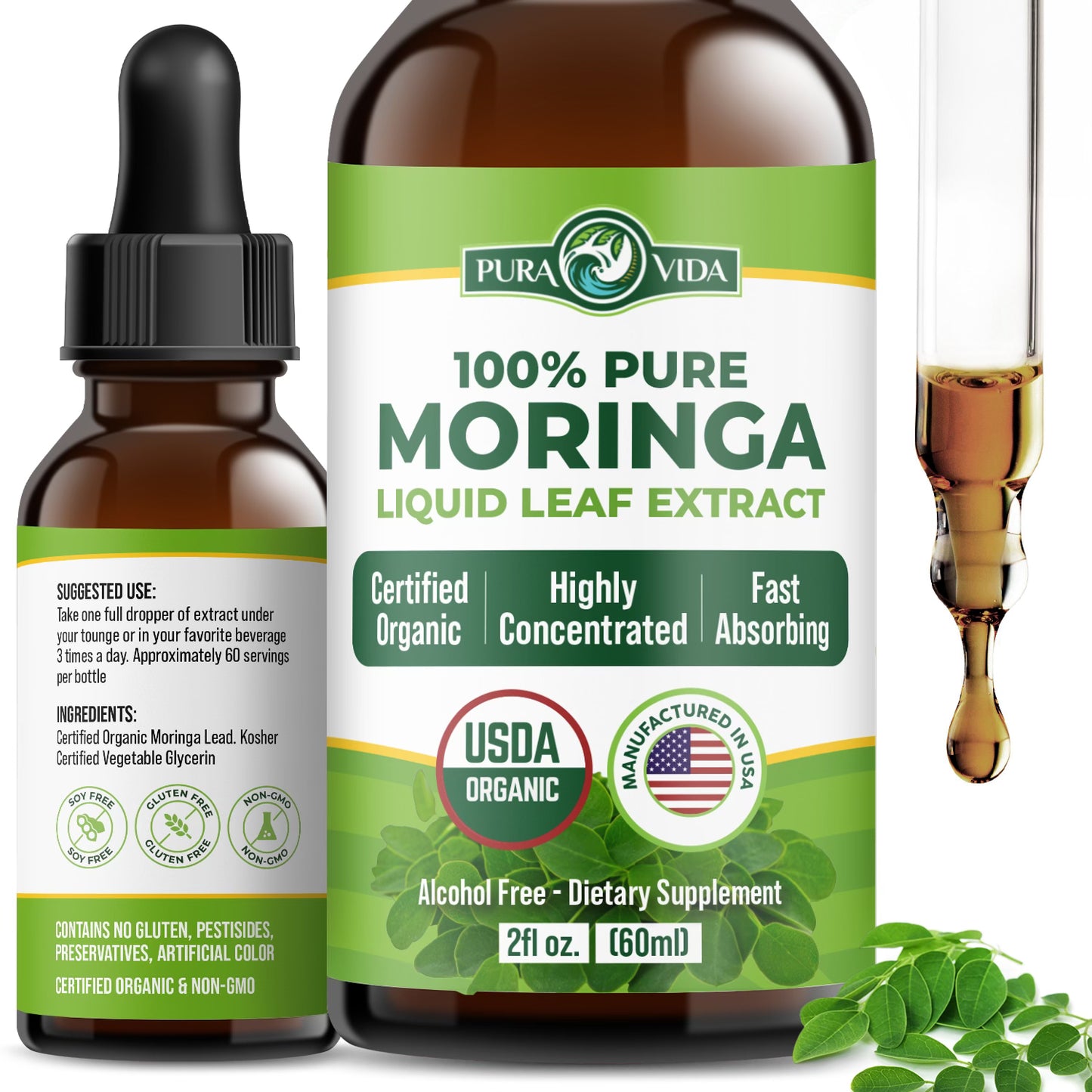 Moringa Leaf Extract Drops Pura Vida 2fl oz (60ml)