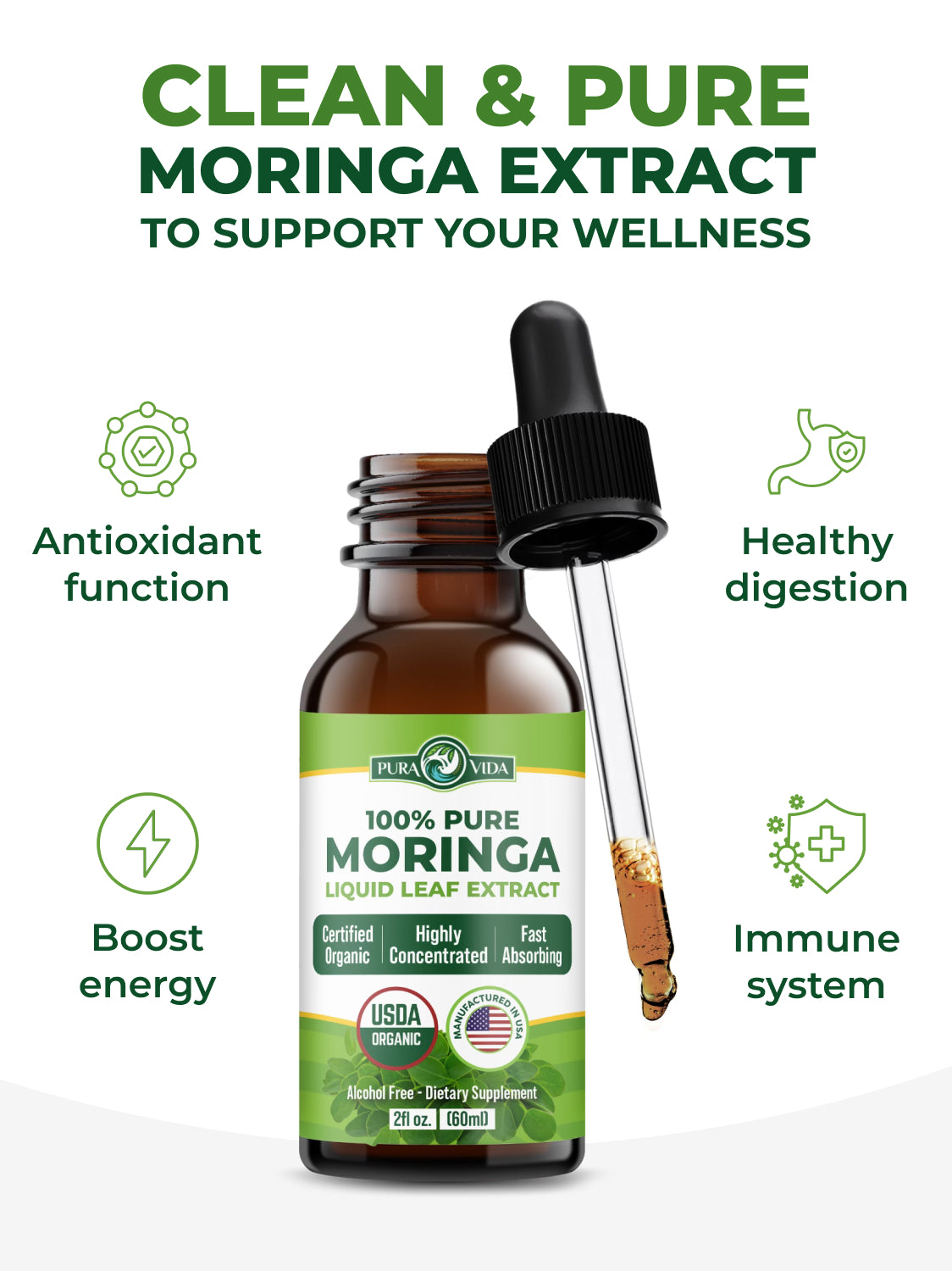 Moringa Leaf Extract Drops Pura Vida 2fl oz (60ml)