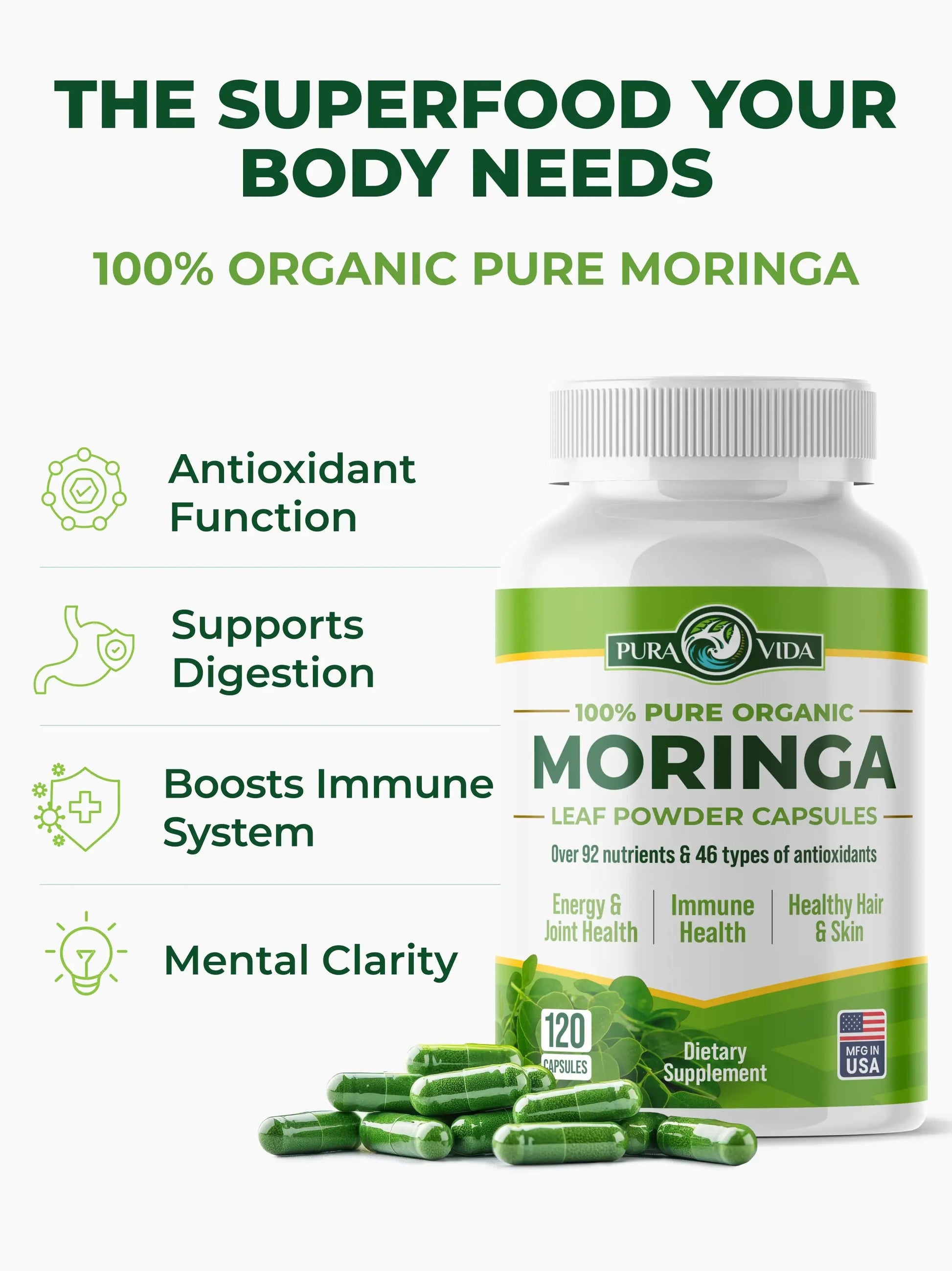 Pura Vida Moringa Capsules 500mg (120 Capsules) (LP1) - Pura Vida Moringa