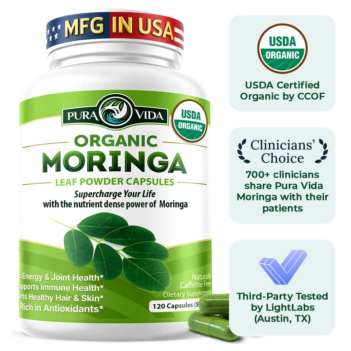 USDA Organic Moringa Capsules (120 Ct.) - Pura Vida Moringa