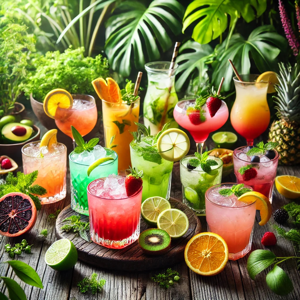 A vibrant assortment of alcohol-free mocktails in colorful glasses, garnished with fresh fruits and herbs, set on a natural wooden table with greenery in the background.