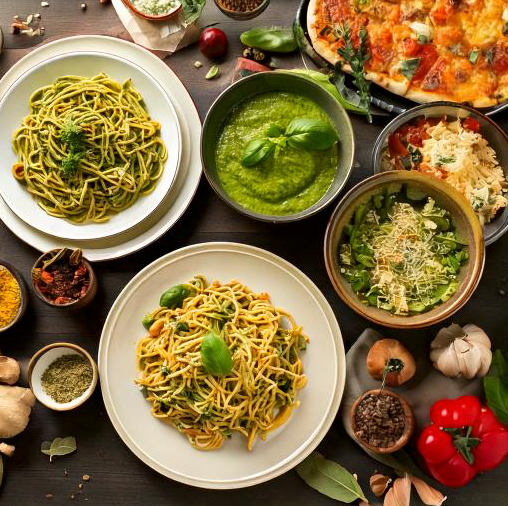 A warm, inviting display of Italian dishes with a healthy twist, featuring creamy Alfredo pasta with a touch of green from moringa, a bright green pesto pasta, and a Margherita pizza topped with moringa-infused tomato sauce and fresh basil