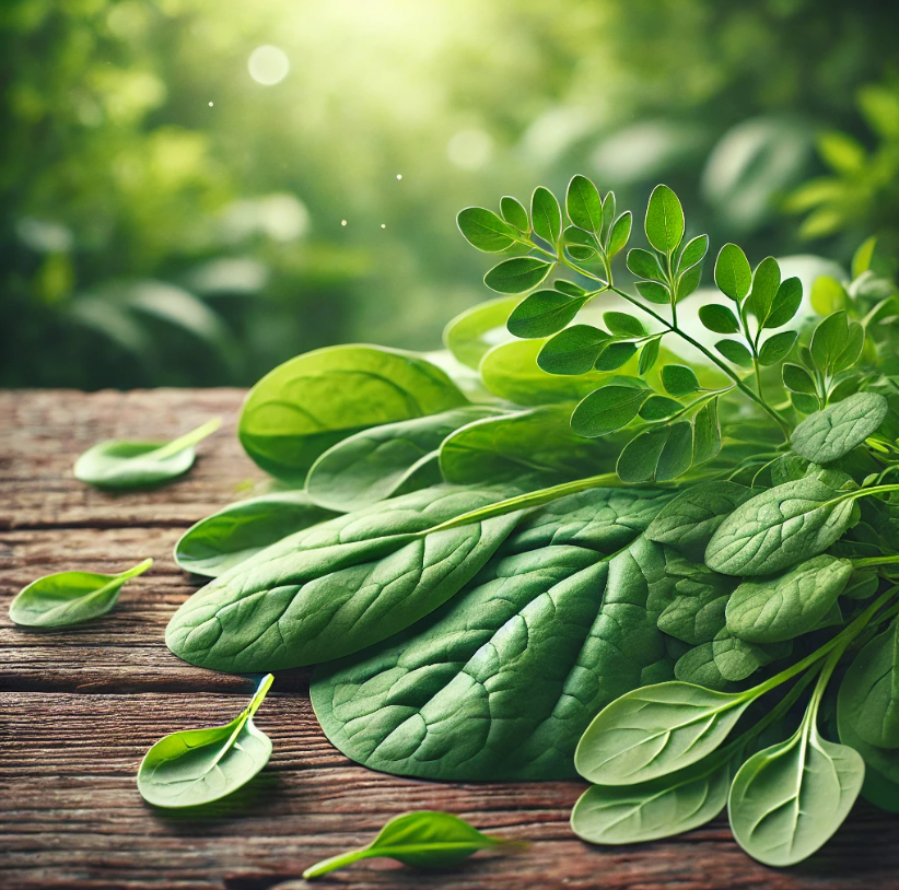 A close-up, vibrant image of fresh moringa leaves and spinach leaves placed side by side on a rustic wooden table.