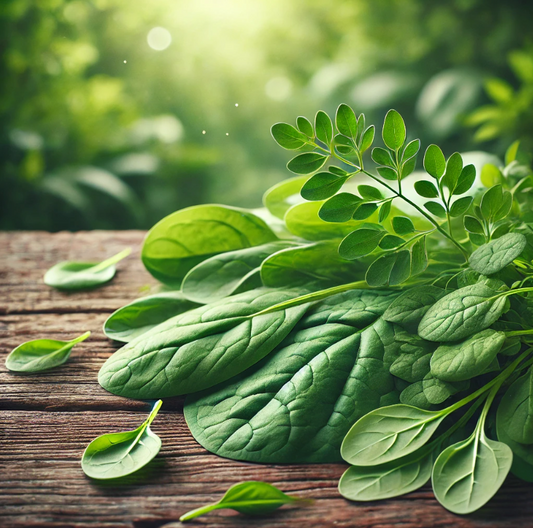 A close-up, vibrant image of fresh moringa leaves and spinach leaves placed side by side on a rustic wooden table.