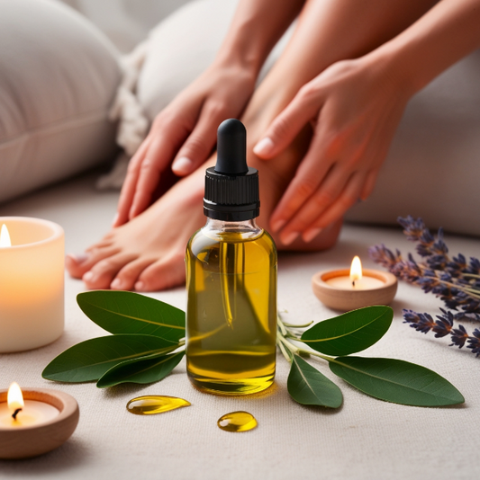 A calming scene featuring a bottle of moringa seed oil, fresh moringa leaves, a candle, and hands massaging a foot in a cozy reflexology setup.