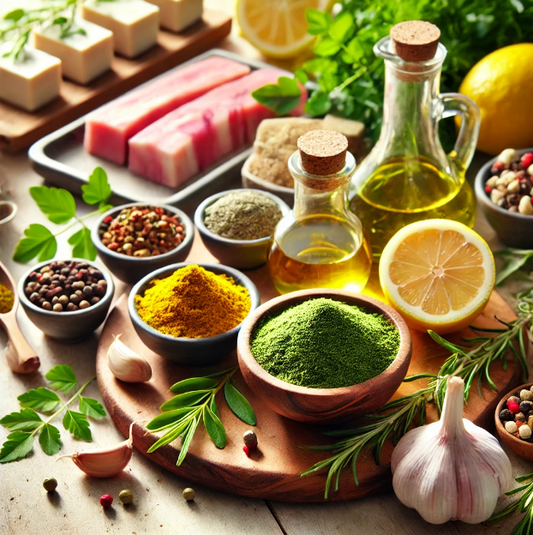 A vibrant array of ingredients for moringa-based marinades, including fresh herbs, spices, lemon, garlic, and Pura Vida Moringa Powder, arranged on a wooden cutting board, with tofu, fish, and meat in the background.