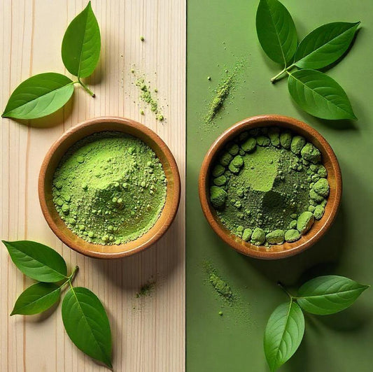 A side-by-side comparison of moringa powder and matcha powder in wooden bowls on a natural wooden surface, surrounded by fresh moringa and tea leaves, symbolizing the competition between these superfoods