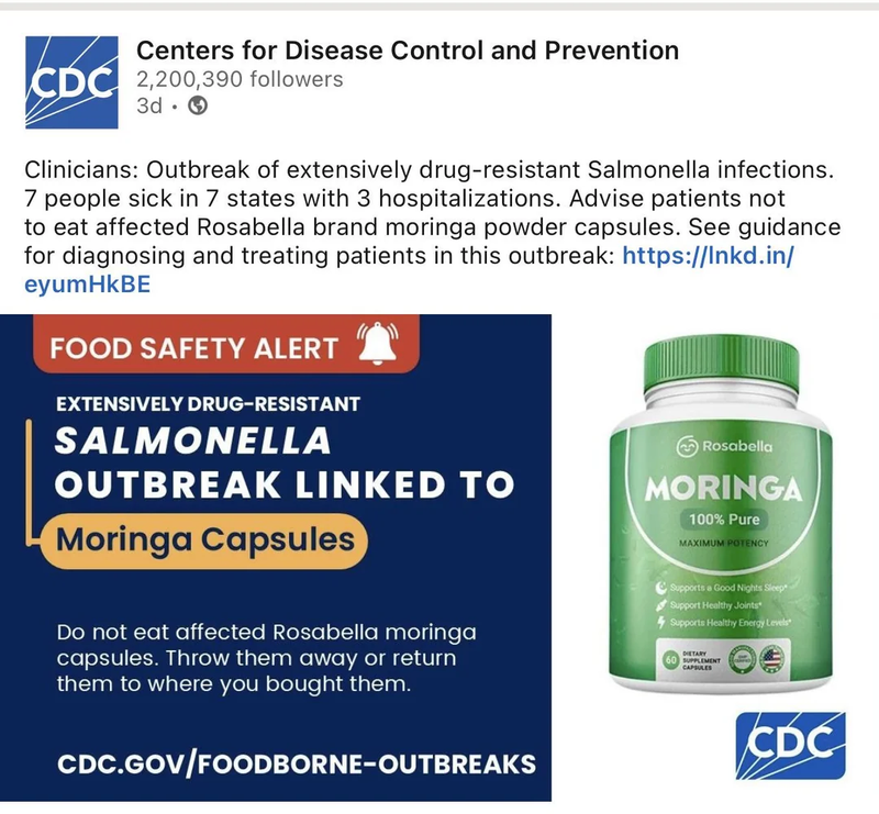 CDC food safety alert on the Rosabella moringa recall, February 2026