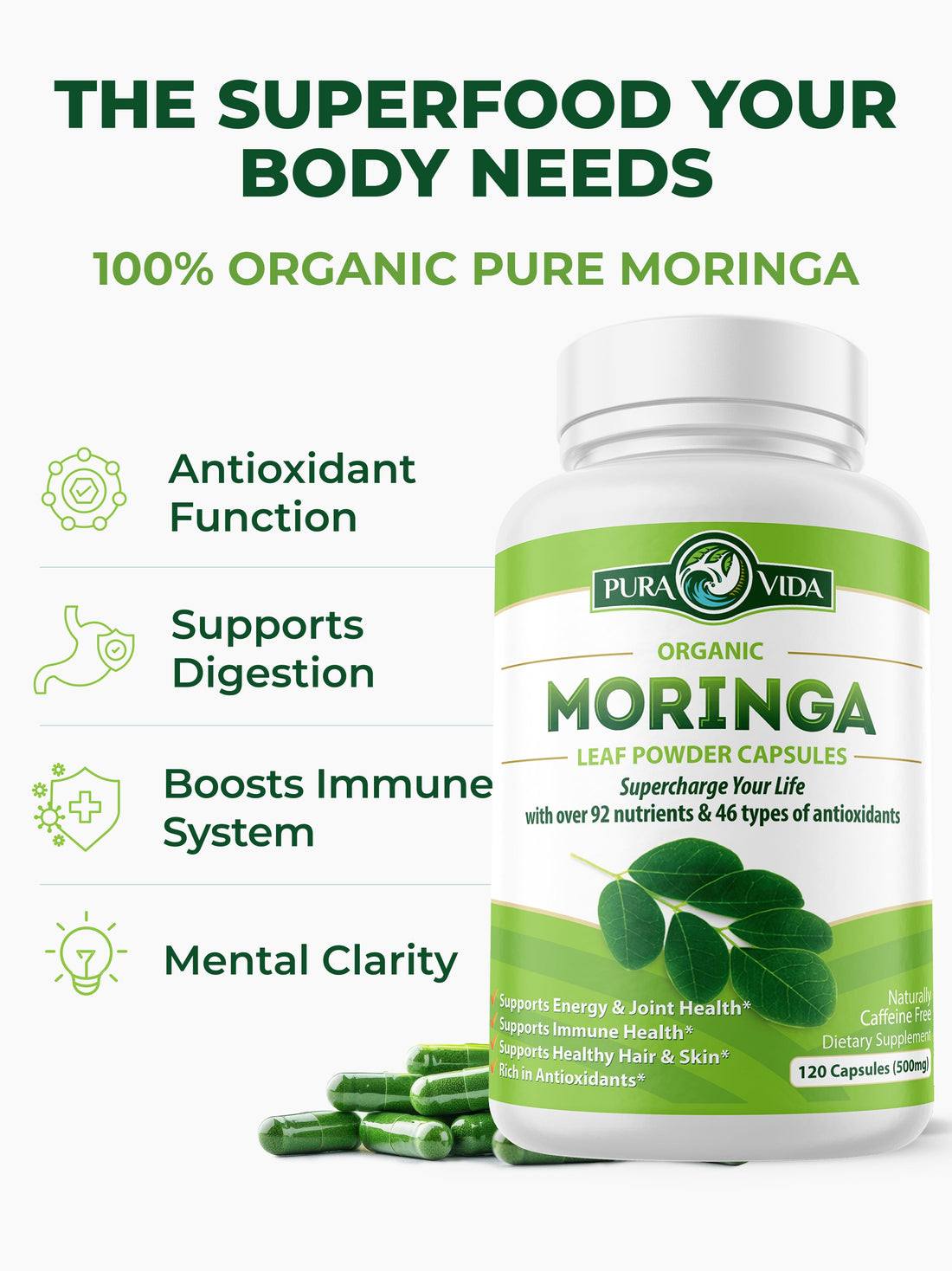 Moringa Capsules Pura Vida 500mg (120 Capsules) - Pura Vida Moringa