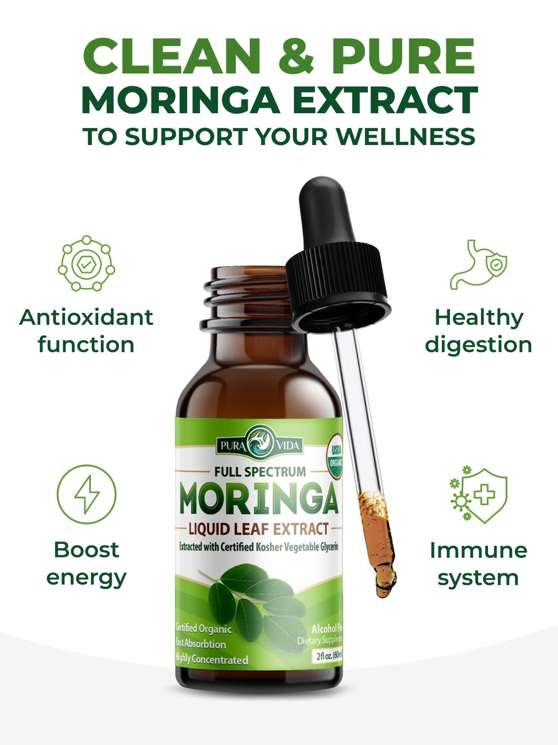 Moringa Leaf Extract Drops Pura Vida 2fl oz (60ml) - Pura Vida Moringa
