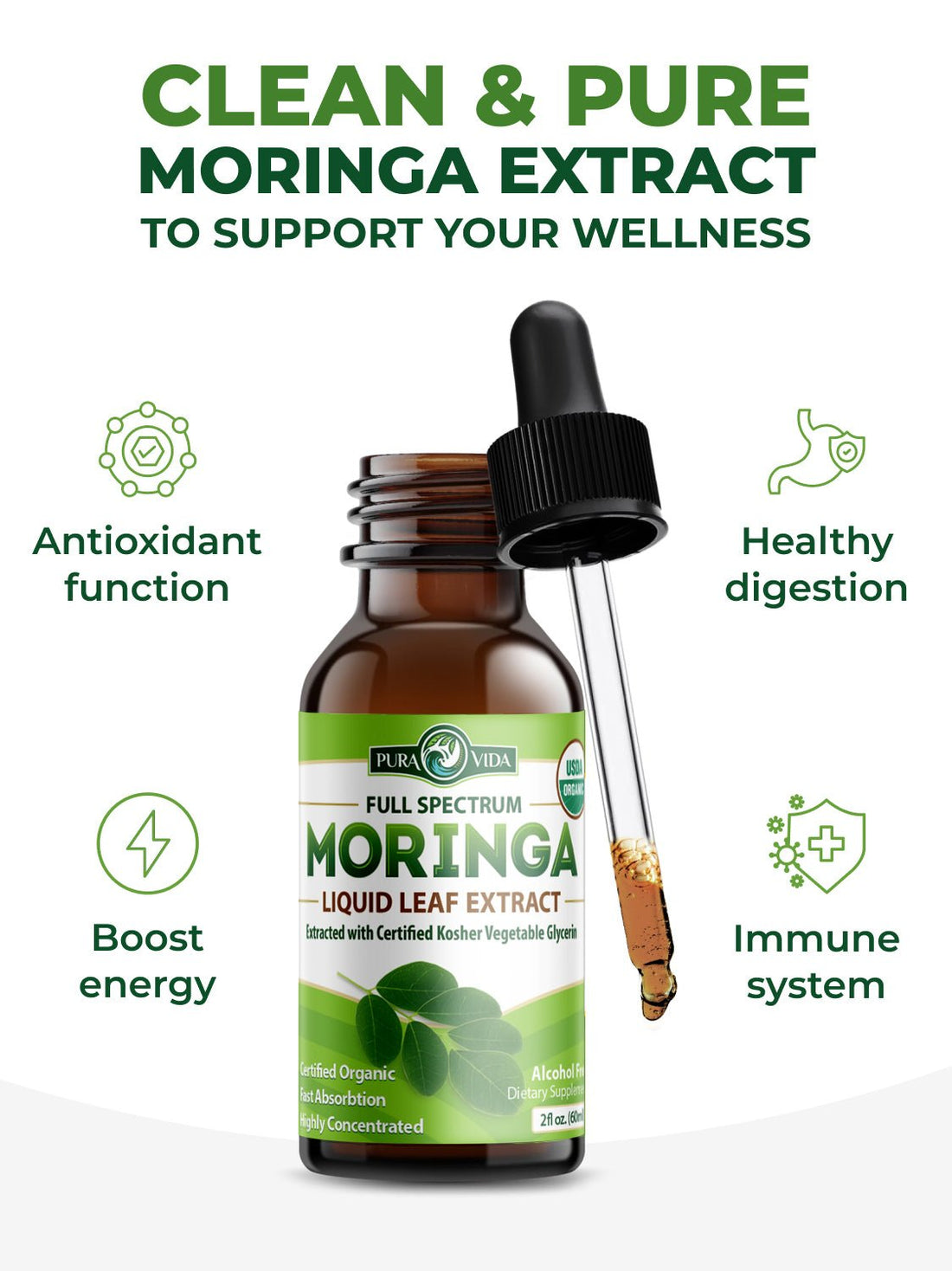 Moringa Leaf Extract Drops Pura Vida 2fl oz (60ml) - Pura Vida Moringa