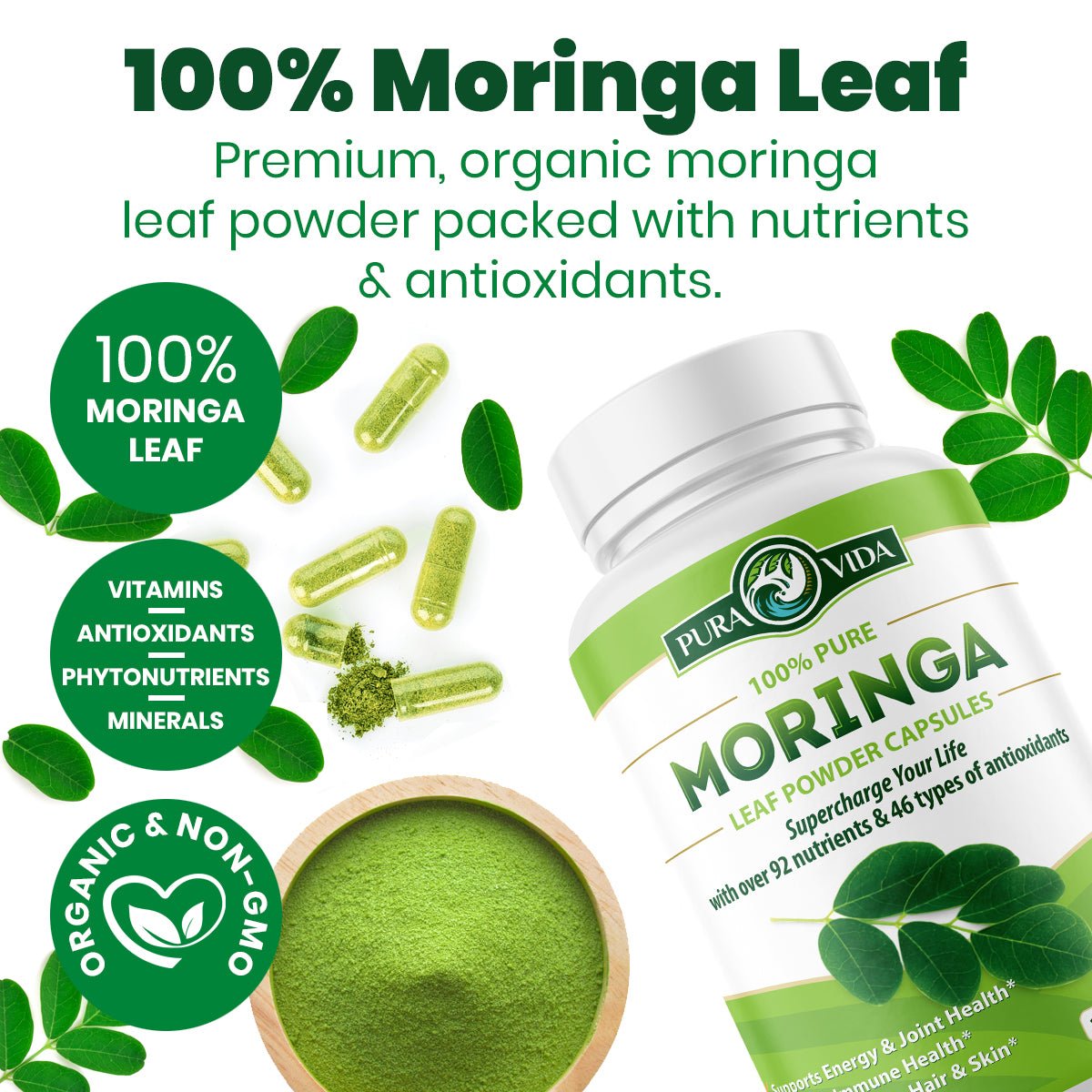 Moringa Leaf Powder Capsules Pura Vida 500mg (120 Capsules) - Pura Vida Moringa