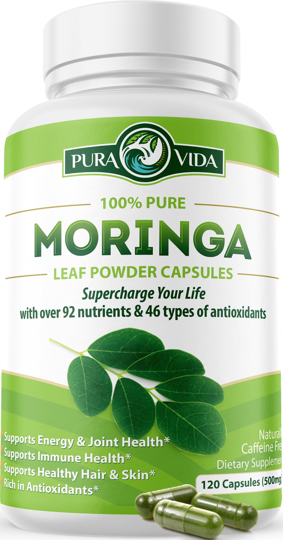 Moringa Leaf Powder Capsules Pura Vida 500mg (120 Capsules) - Pura Vida Moringa