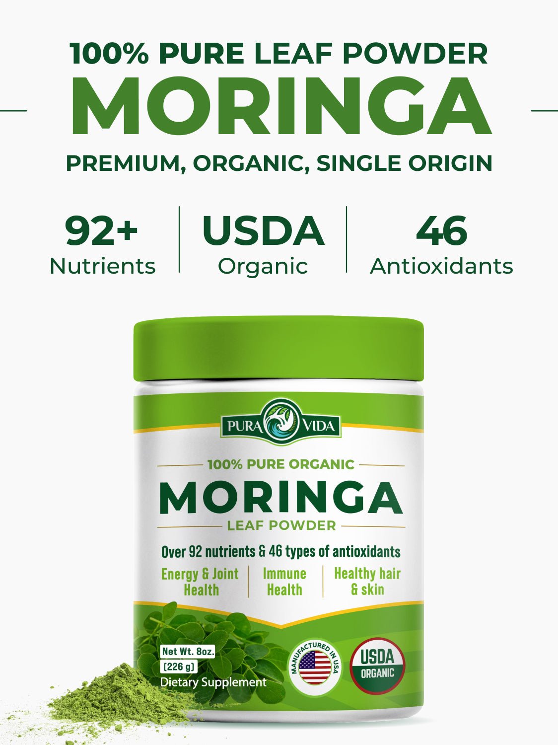 Moringa Leaf Powder Pura Vida 8oz (226g) - Pura Vida Moringa