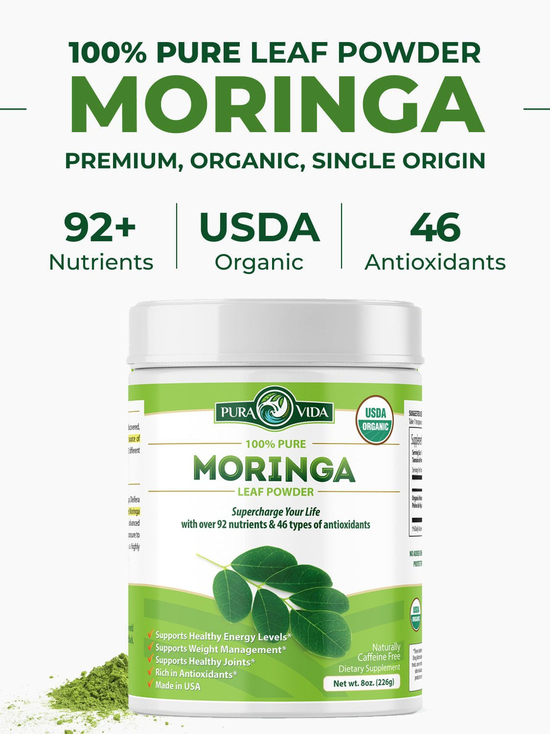 Moringa Powder Pura Vida 8oz (226g) - Pura Vida Moringa